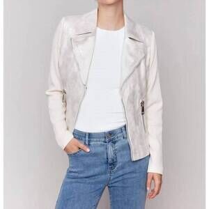 NEW CHARLIE B women's foiled vintage fux leather and rib knit jacket in champagn